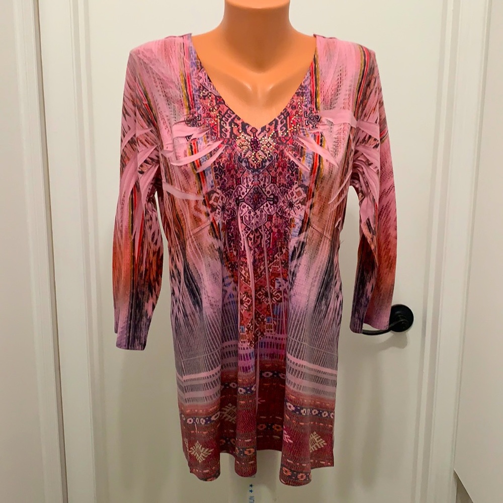 One World Live and Let Live petite gems 3/4 sleeve PXL tunic crocheted back